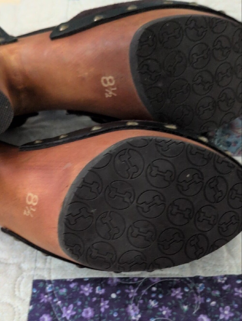 Studded Black Suede Platform Clogs with Tan Wood Heel - Picture 5 of 7